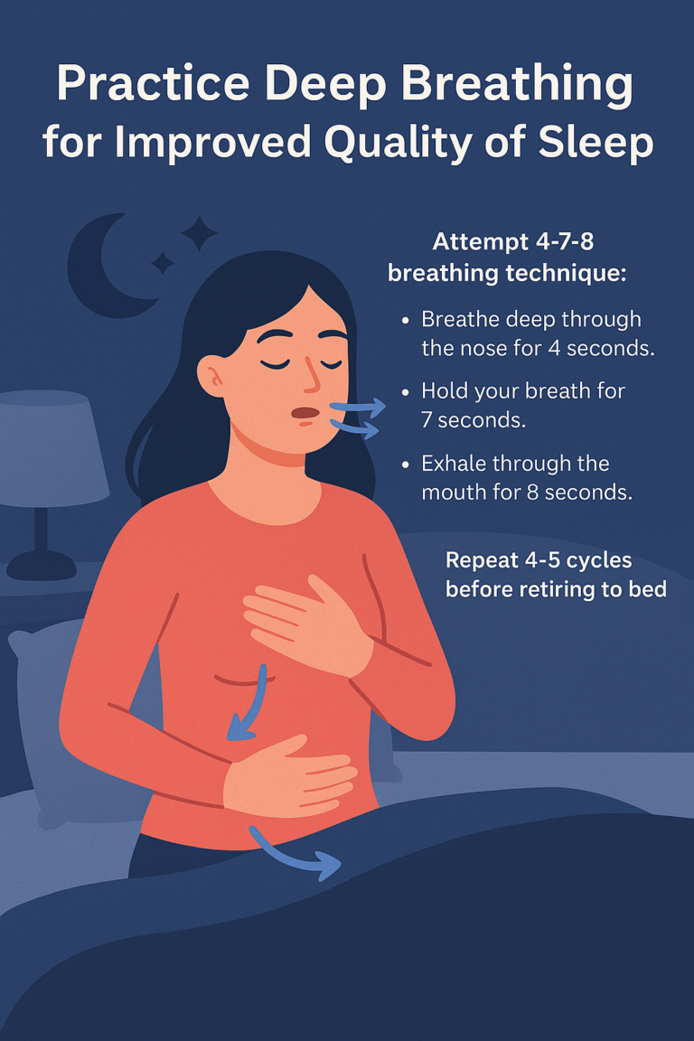 A woman practicing the 4-7-8 breathing method before bed as part of mindfulness techniques to improve sleep quality. This calming breathing exercise helps reduce stress and promotes relaxation for better sleep.