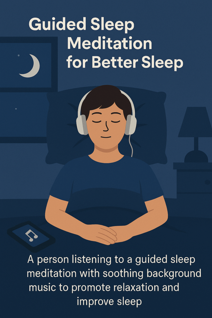 "A person lying in bed listening to a guided sleep meditation with soothing background music to reduce anxiety and promote deep sleep. Mindfulness meditation for better rest.