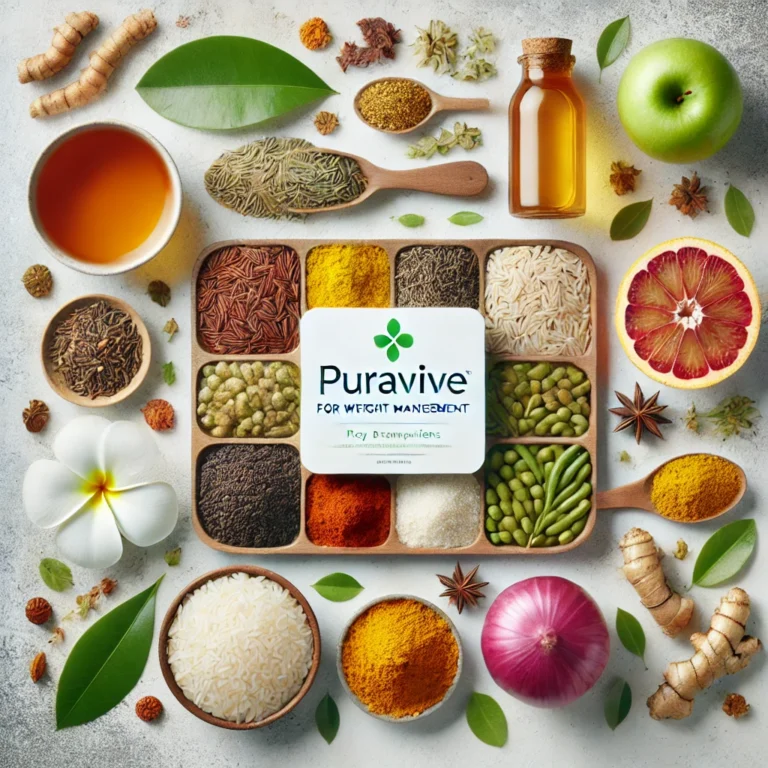 puravive ingredients like exotic rice, green tea leaves, turmeric, and apple cider vinegar arranged aesthetically, representing Puravive’s key components for weight management