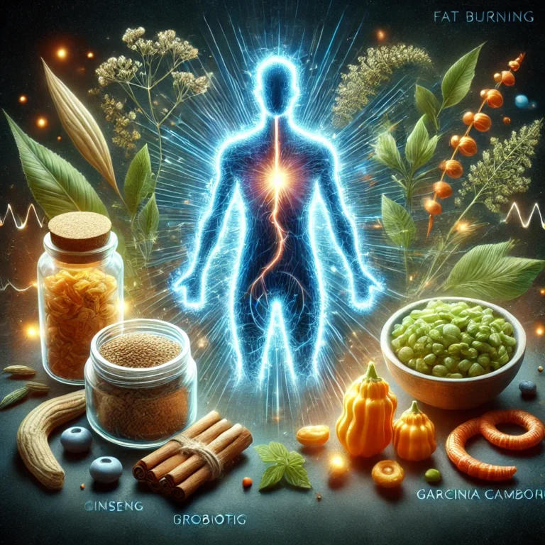 A glowing silhouette of a person with energy waves, symbolizing metabolism boost and fat burning, surrounded by natural ingredients like ginseng, probiotics, and Garcinia Cambogia.