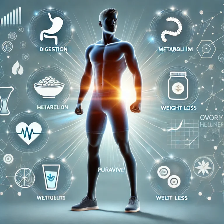 A fit and energetic person surrounded by icons representing digestion, metabolism, and well-being.