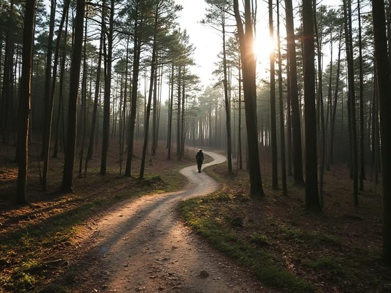 A winding forest path with sunlight breaking through trees, a single hiker in the distance - metaphorical but hopeful, muted earth tones