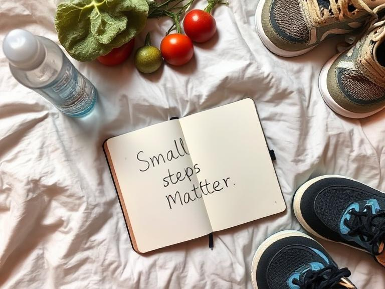 Journal and wellness items representing small steps toward balancing health and wellness for a better life