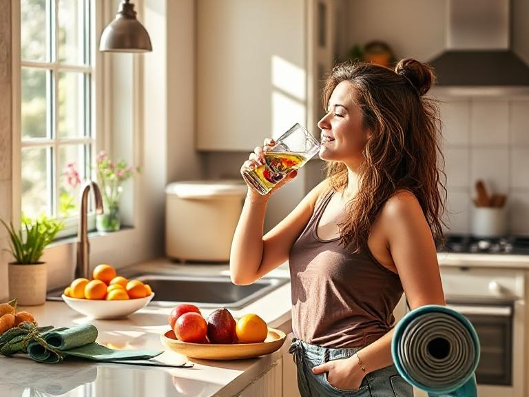 Woman balancing health and wellness for a better life through morning hydration and fresh foods in sunny kitchen