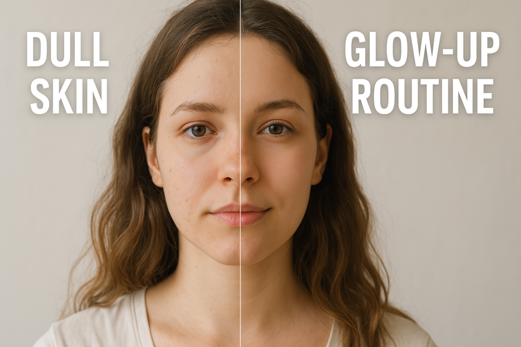 Woman glowing up naturally without makeup - before vs after results