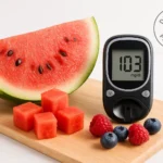 Is watermelon good for diabetics? Fresh watermelon with glucose monitor showing how this juicy fruit can be part of a diabetic-friendly diet when enjoyed mindfully.