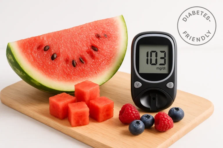 Is watermelon good for diabetics? Fresh watermelon with glucose monitor showing how this juicy fruit can be part of a diabetic-friendly diet when enjoyed mindfully.