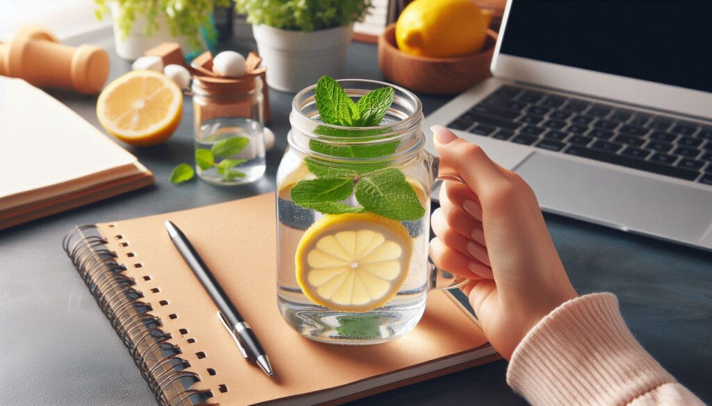 Healthy lifestyle: Lemon-infused water in a glass jar for daily hydration habit