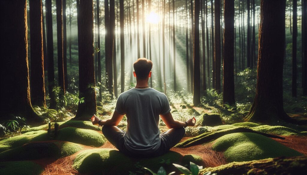 Healthy lifestyle: Person meditating peacefully in a forest for stress relief
