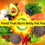 32 science-backed foods that burn belly fat fast: avocado, salmon, chia seeds, and green tea shown in dynamic flat-lay with fiery accents