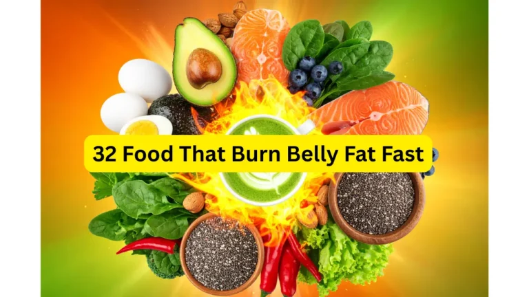 32 science-backed foods that burn belly fat fast: avocado, salmon, chia seeds, and green tea shown in dynamic flat-lay with fiery accents
