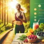Healthy lifestyle: Motivating blog header with jogging woman, fresh snacks, and nature for wellness tips."*
