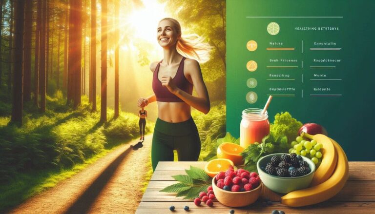 Healthy lifestyle: Motivating blog header with jogging woman, fresh snacks, and nature for wellness tips."*