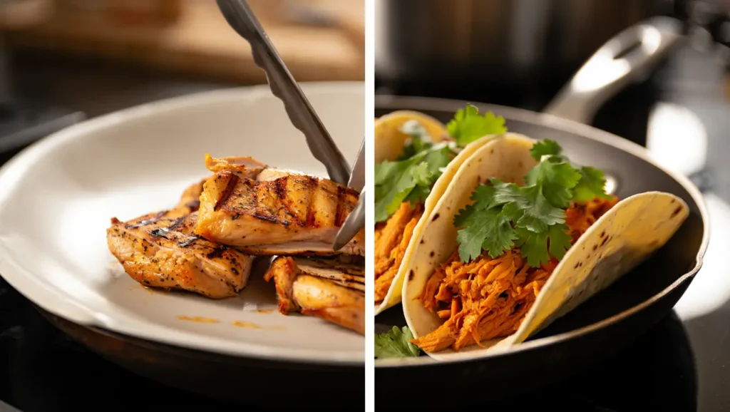 Three ways to cook chicken breast - grilled, baked, and shredded - showing cooking versatility for meal prep