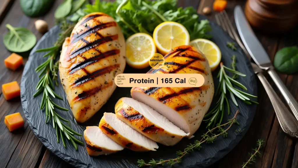 Juicy grilled chicken breast with nutrition facts - 31g protein, 165 calories per serving, surrounded by fresh herbs and lemon for healthy cooking