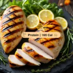 Juicy grilled chicken breast with nutrition facts - 31g protein, 165 calories per serving, surrounded by fresh herbs and lemon for healthy cooking