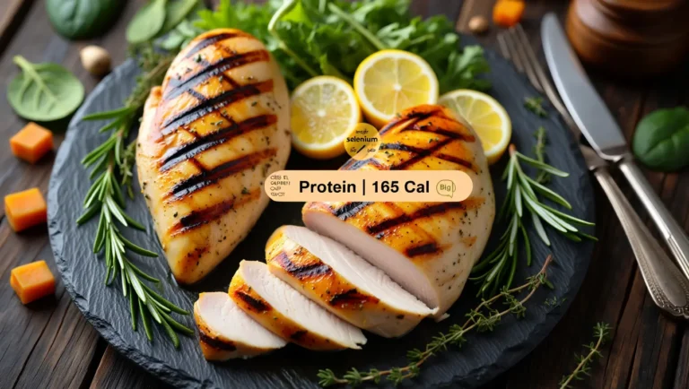Juicy grilled chicken breast with nutrition facts - 31g protein, 165 calories per serving, surrounded by fresh herbs and lemon for healthy cooking