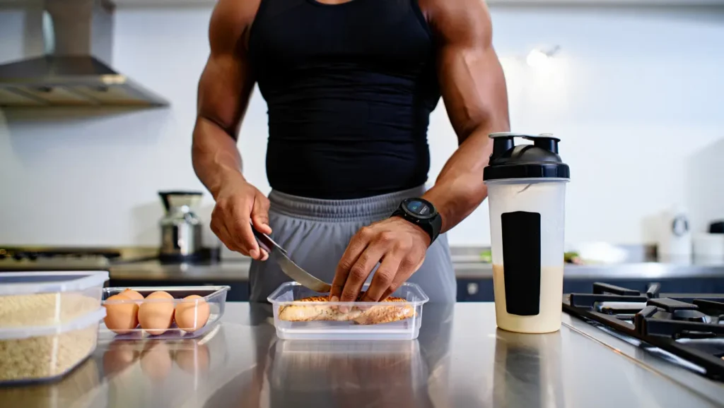 Bodybuilder meal prepping chicken breast nutrition fact with gym equipment in background - high protein food for muscle growth