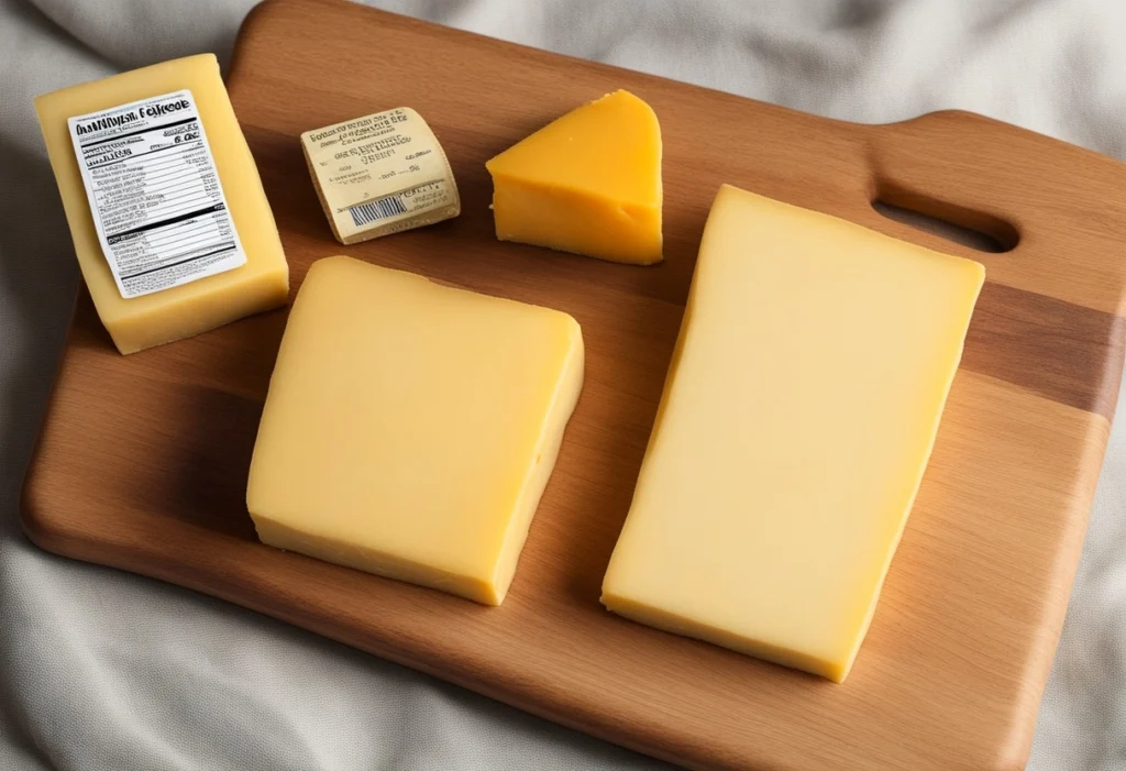 Nutrition facts comparison between an American cheese slice and natural cheddar, highlighting differences in processing and ingredients."