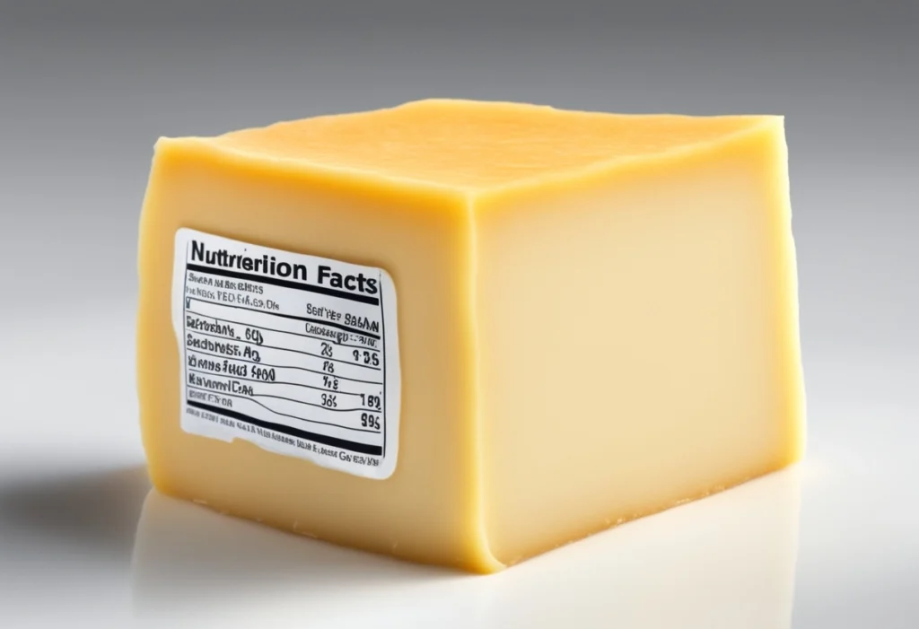 Close-up of an nutrition fact American cheese slice with showing protein, calcium, and sodium content per serving.