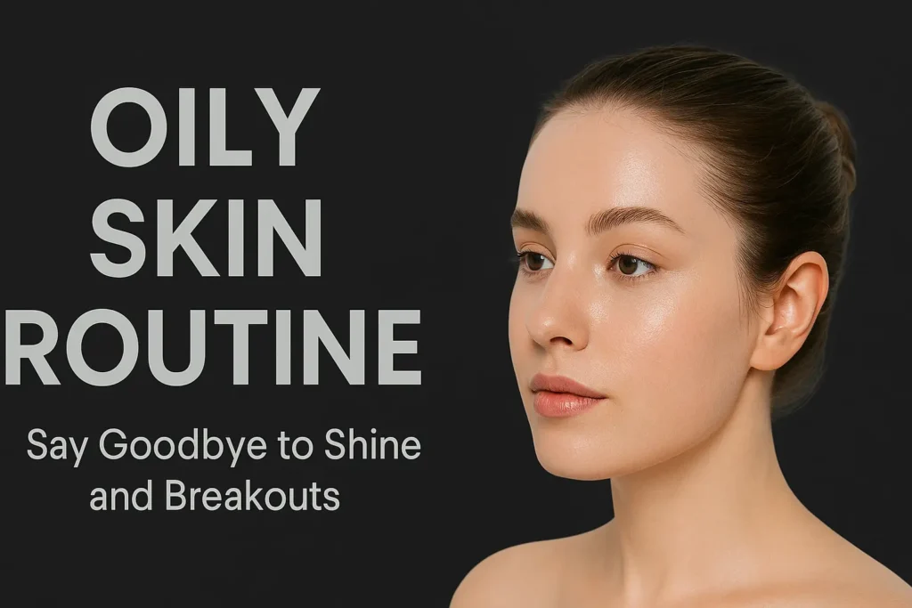 Oily skin routine header: 'Say goodbye to shine and breakouts' with bold typography.