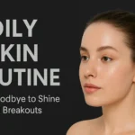 Oily skin routine header: 'Say goodbye to shine and breakouts' with bold typography.