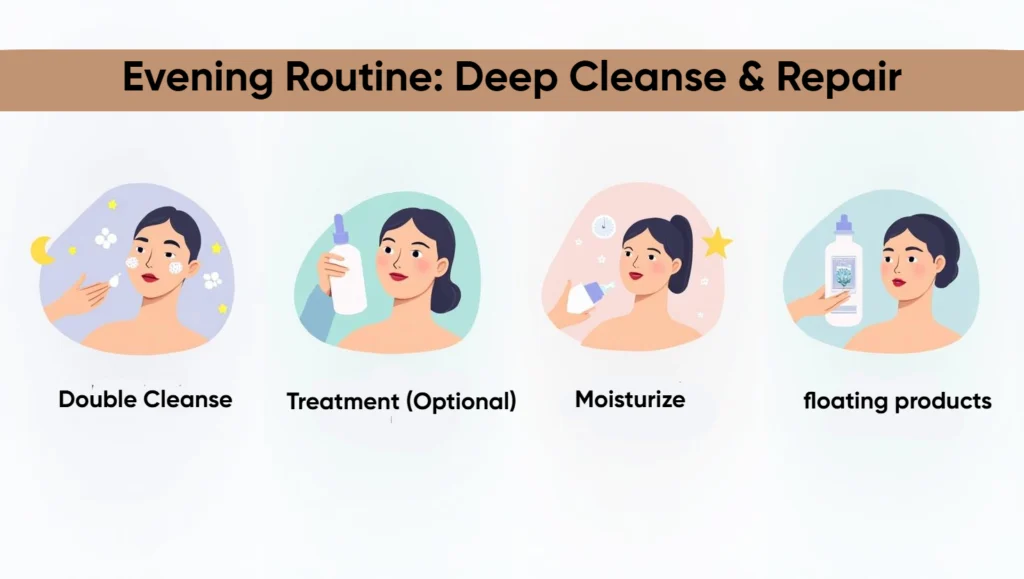 Evening oily skin routine steps: double cleanse, optional treatment, and moisturizing with floating product icons for balanced skin.