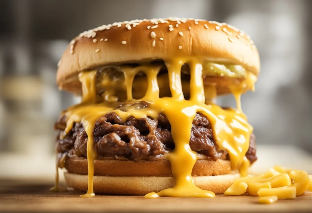 Melted American cheese slice on a burger with key nutrition facts about its calorie count and sodium content per serving.