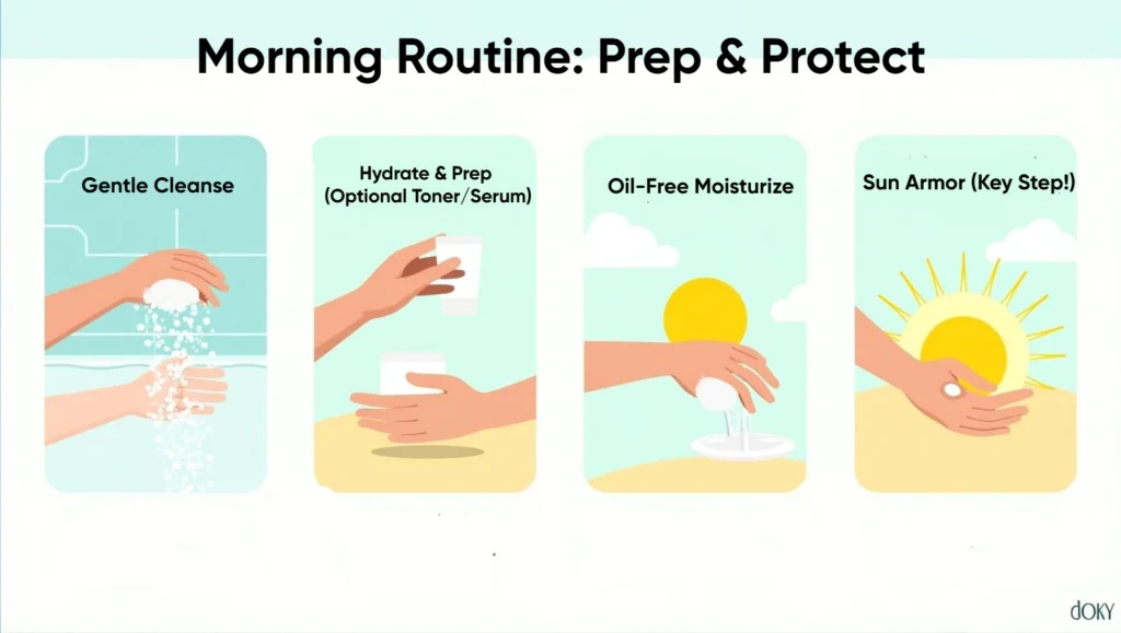 Morning oily skin routine: gentle cleansing, hydrating prep, oil-free moisturizer, and essential sun protection to control shine.