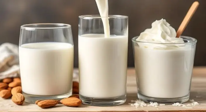 Milk pouring next to almond milk - dairy products can be some of the worst foods for gut health when lactose intolerance develops