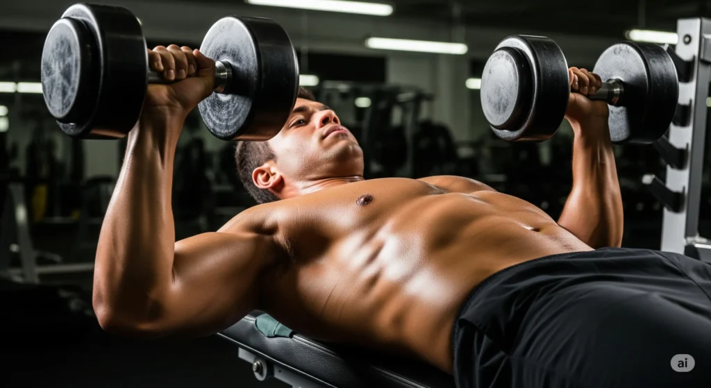 Athlete performing chest exercises with dumbbells - proper bench press technique for maximum pectoral activation