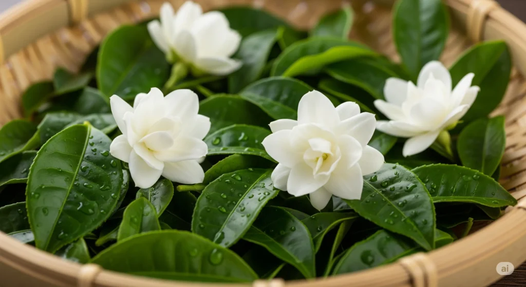Close-up view of the traditional jasmine tea scenting process, where green tea leaves absorb the natural essence and health properties of jasmine flowers.