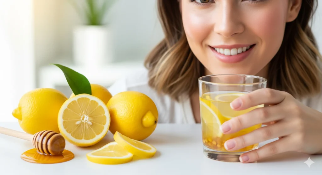 Woman with radiant skin holding honey lemon water showing the benefits of honey water and lemon for skin health and glow.