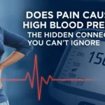 Woman clutching her back while blood pressure monitor shows how chronic pain causes high blood pressure spikes
