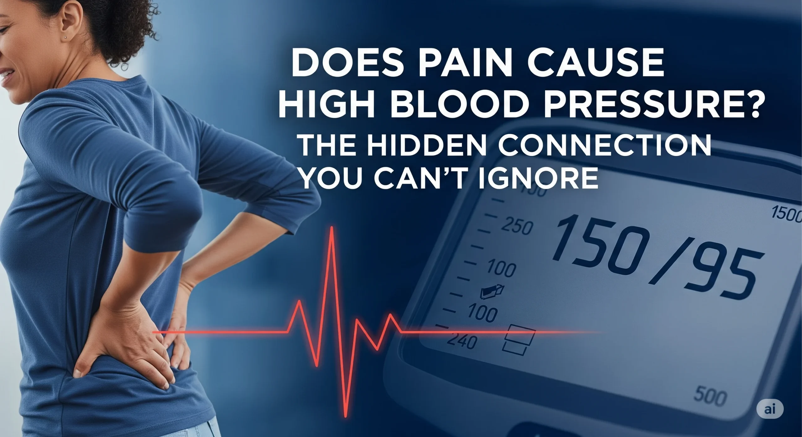 Woman clutching her back while blood pressure monitor shows how chronic pain causes high blood pressure spikes
