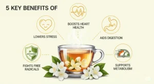 Infographic summarizing the top 5 jasmine tea health benefits: lowers stress, boosts heart health, aids digestion, fights free radicals, and supports metabolism.
