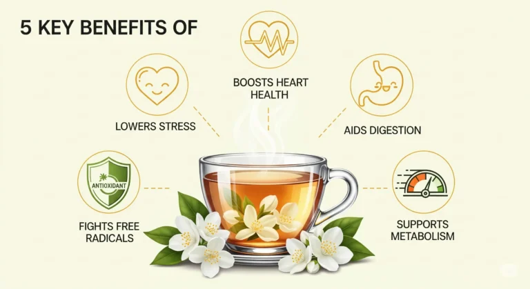 Infographic summarizing the top 5 jasmine tea health benefits: lowers stress, boosts heart health, aids digestion, fights free radicals, and supports metabolism.