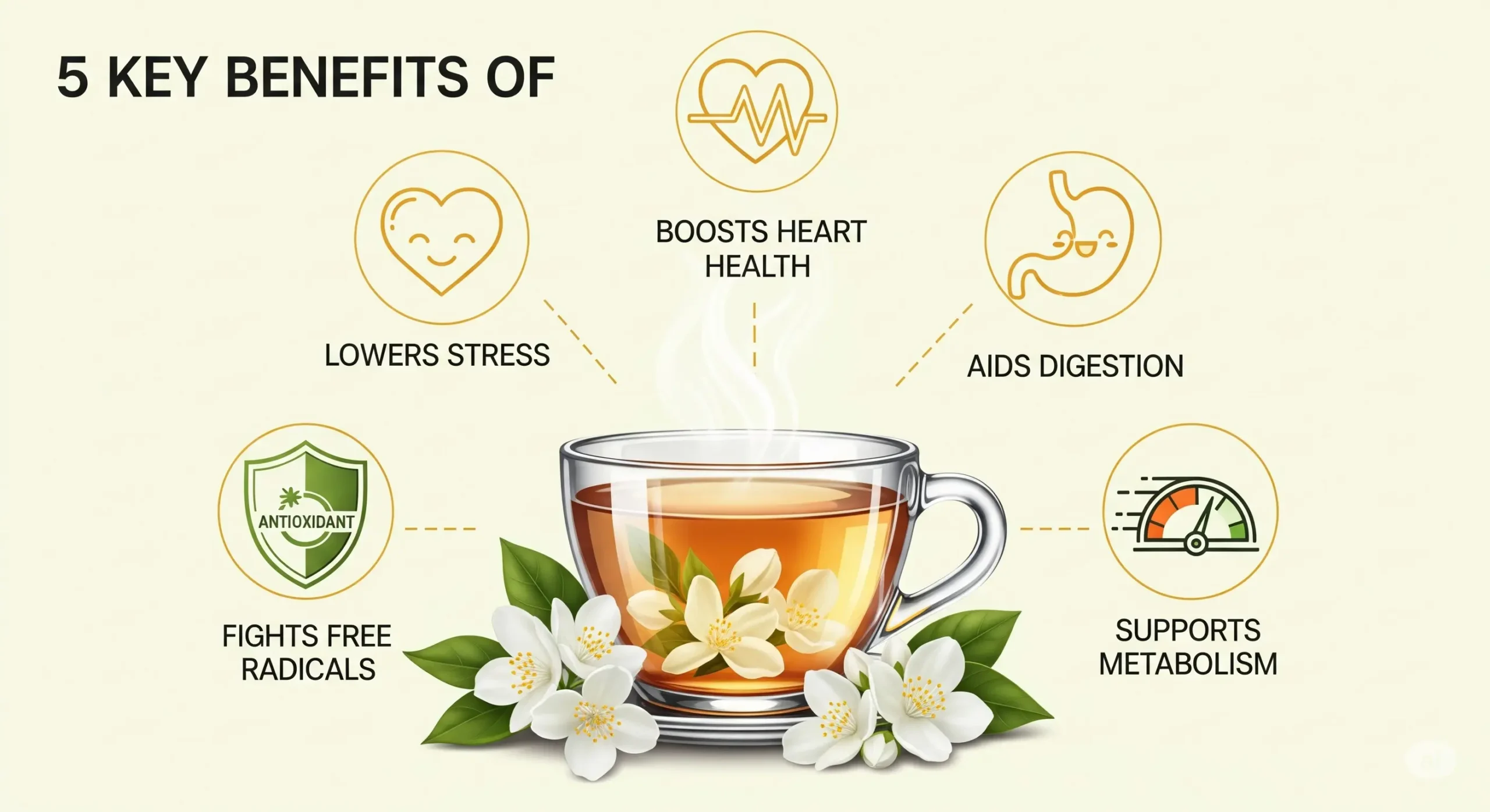 Infographic summarizing the top 5 jasmine tea health benefits: lowers stress, boosts heart health, aids digestion, fights free radicals, and supports metabolism.