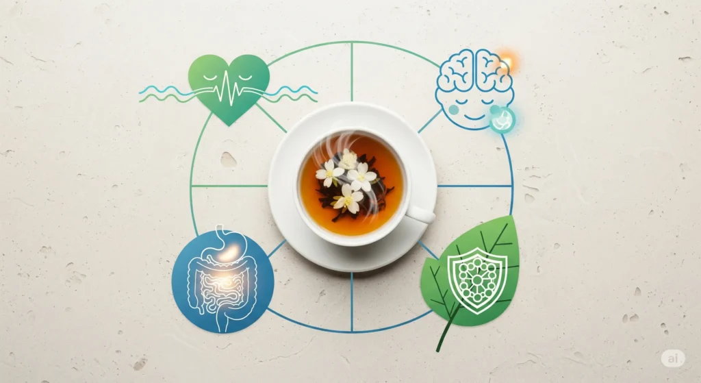 An infographic illustrating the key jasmine tea health benefits for heart, mind, digestion, and antioxidants.