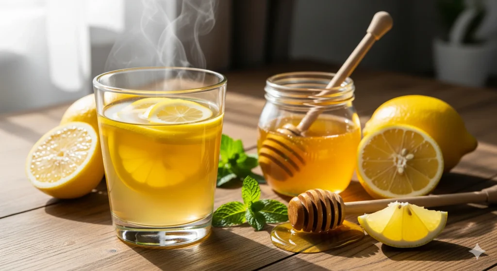 A glass of honey lemon water with fresh lemon and honey jar showing the benefits of honey water and lemon for health.