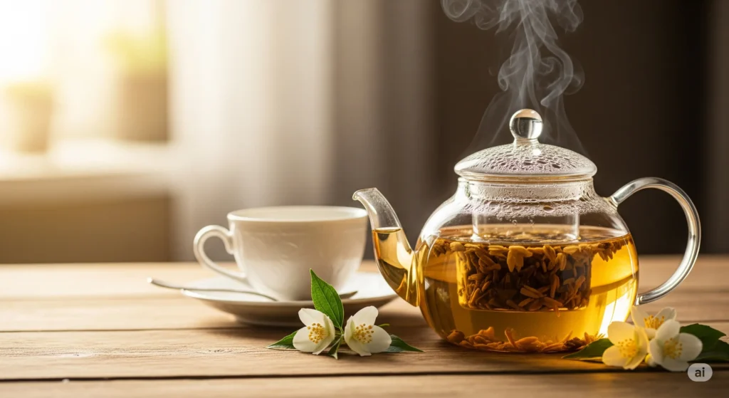 A steaming cup of golden jasmine tea, showcasing the natural ritual that unlocks its many health benefits.
