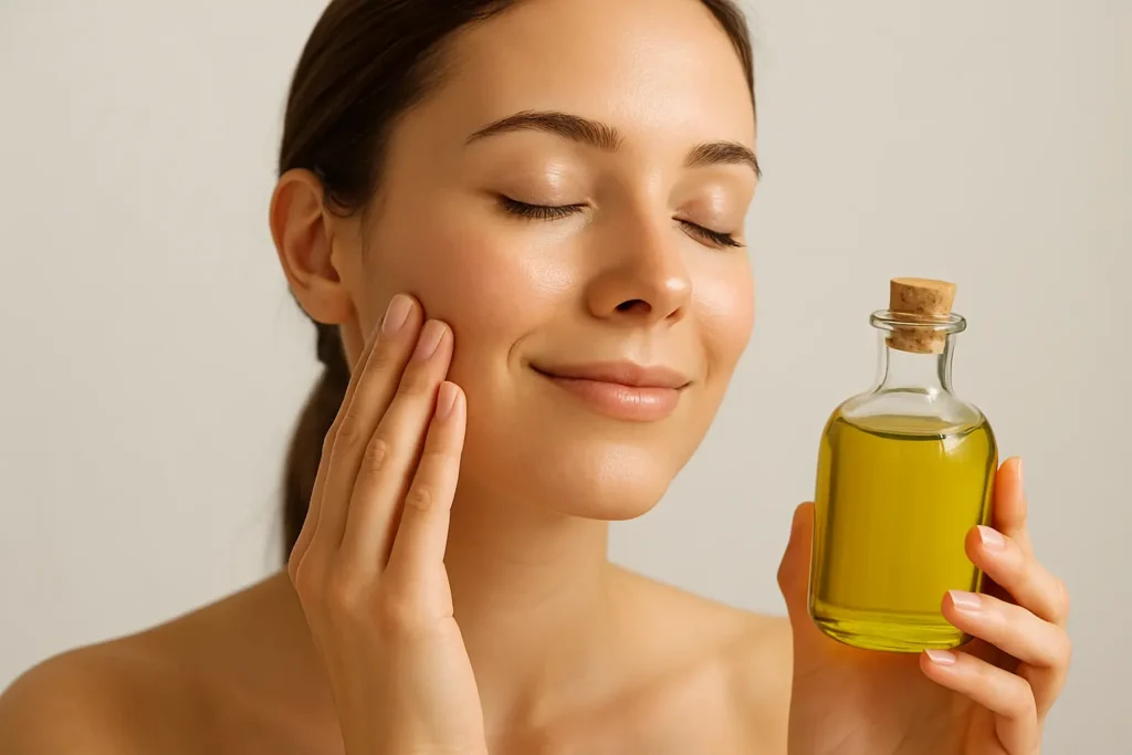 Woman applying zaitoon oil benefits for skin as natural moisturizer