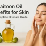 Featured image showing a woman applying zaitoon oil on her glowing skin with a glass bottle of olive oil and fresh olives, highlighting zaitoon oil benefits for skin.
