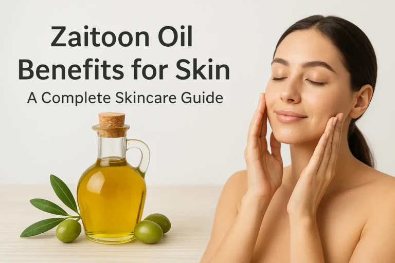 Featured image showing a woman applying zaitoon oil on her glowing skin with a glass bottle of olive oil and fresh olives, highlighting zaitoon oil benefits for skin.