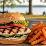 A grilled chicken sandwich with fresh lettuce and tomato, one of the most healthy fast food options.