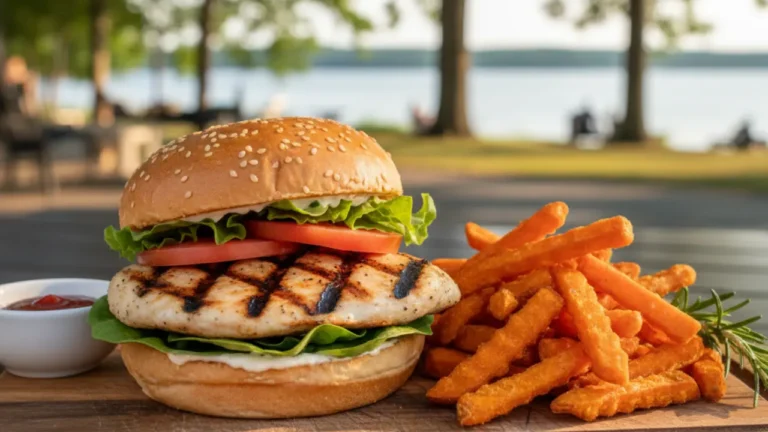 A grilled chicken sandwich with fresh lettuce and tomato, one of the most healthy fast food options.