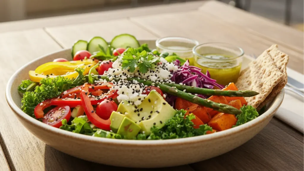 A colorful fresh veggie bowl with rice, beans, and vegetables, considered among the most healthy fast food meals.