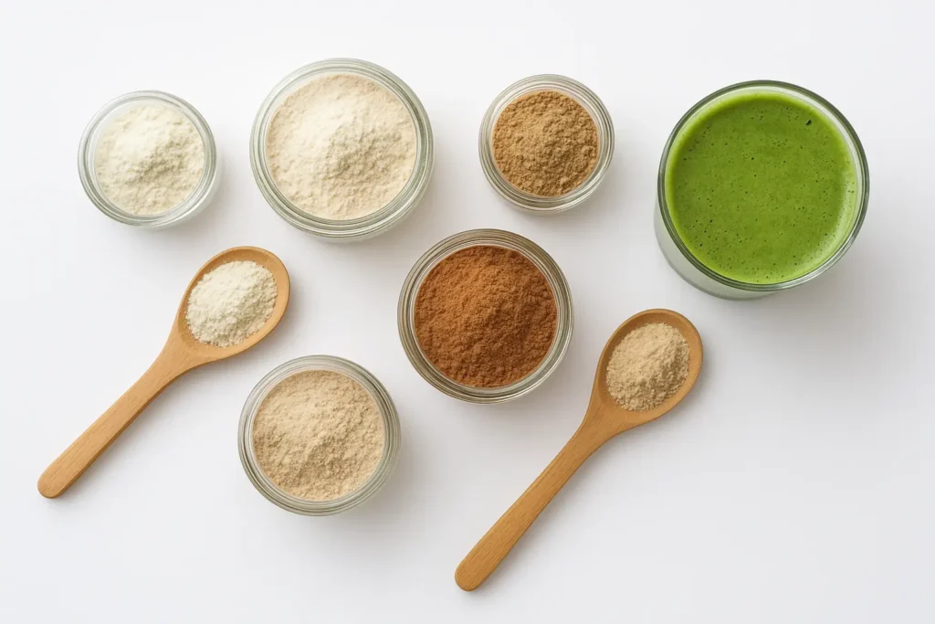 Different types of powder supplements for gut health including probiotics and fiber blends displayed on a clean table.