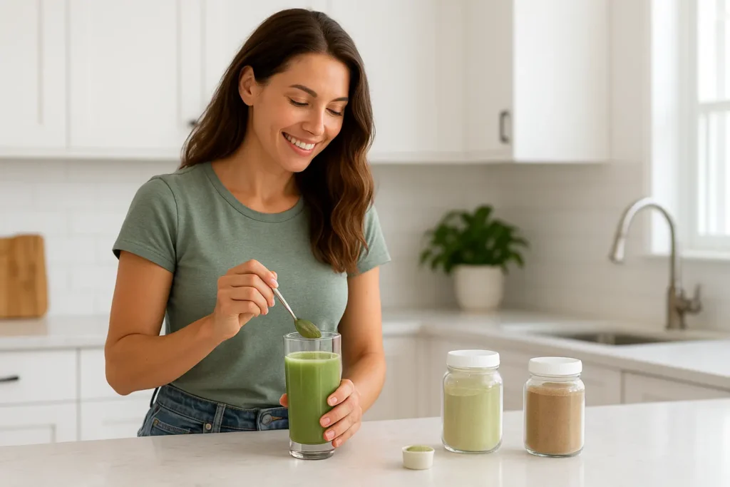 Woman preparing powder supplements for gut health in a modern kitchen with natural ingredients.
