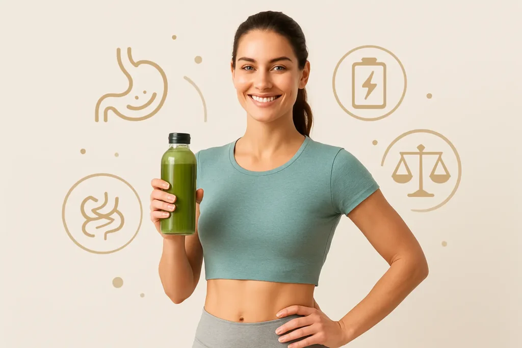 Happy person showing improved digestion after using powder supplements for gut health with icons of gut balance and energy.